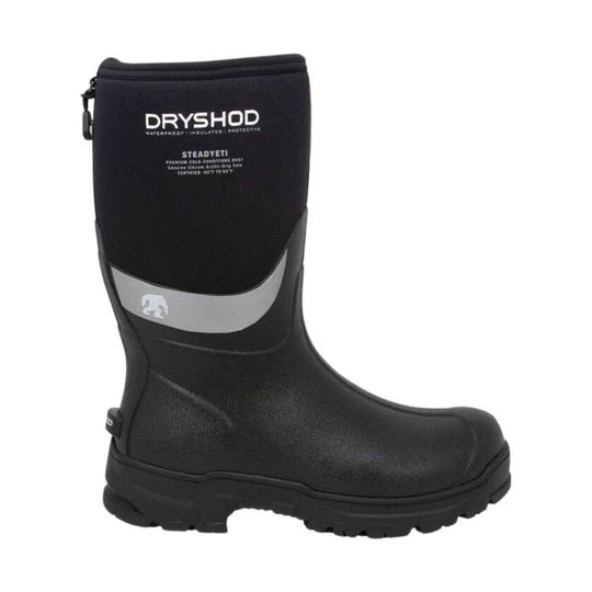 Black insulated pull-on rain boot with gray side panel and treaded sole