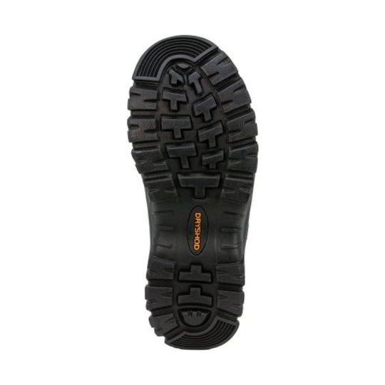 Black boot outsole with deep lug tread and Dryshod logo