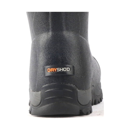 Rear view of a black rubber boot with a DRYSHOD heel tag and lugged sole