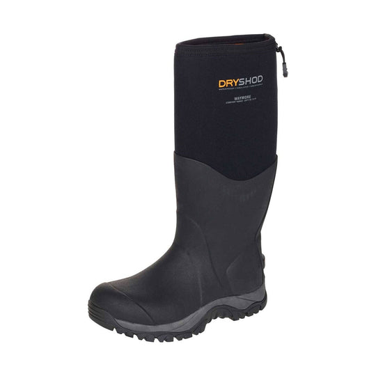 Black knee-high boot with rugged lugged sole and pull-cord top; visible text says Dryshod and waterproof/insulated/breathable
