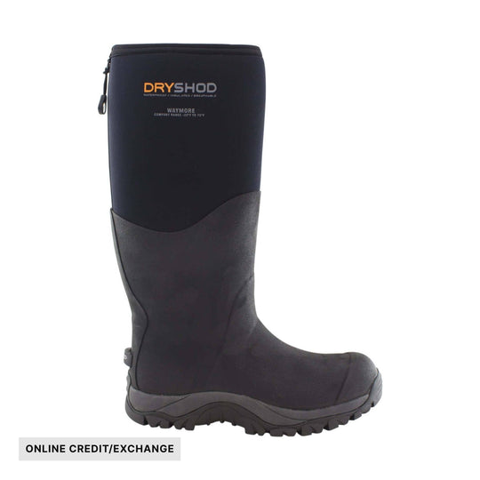 Tall black insulated waterproof rubber boot with rugged tread and side zipper