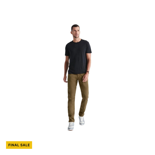 Brown tapered pants on a male model with white sneakers; FINAL SALE text