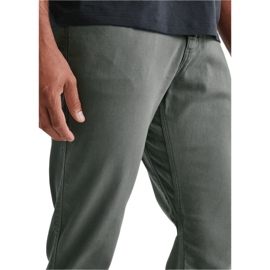 Olive green relaxed-fit pants shown from the waist to the thighs on a model