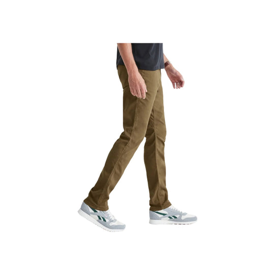 Brown relaxed tapered pants shown on a model in side view