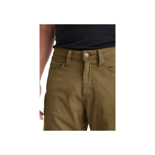 Olive straight-leg pants with front button closure, belt loops, and front pockets