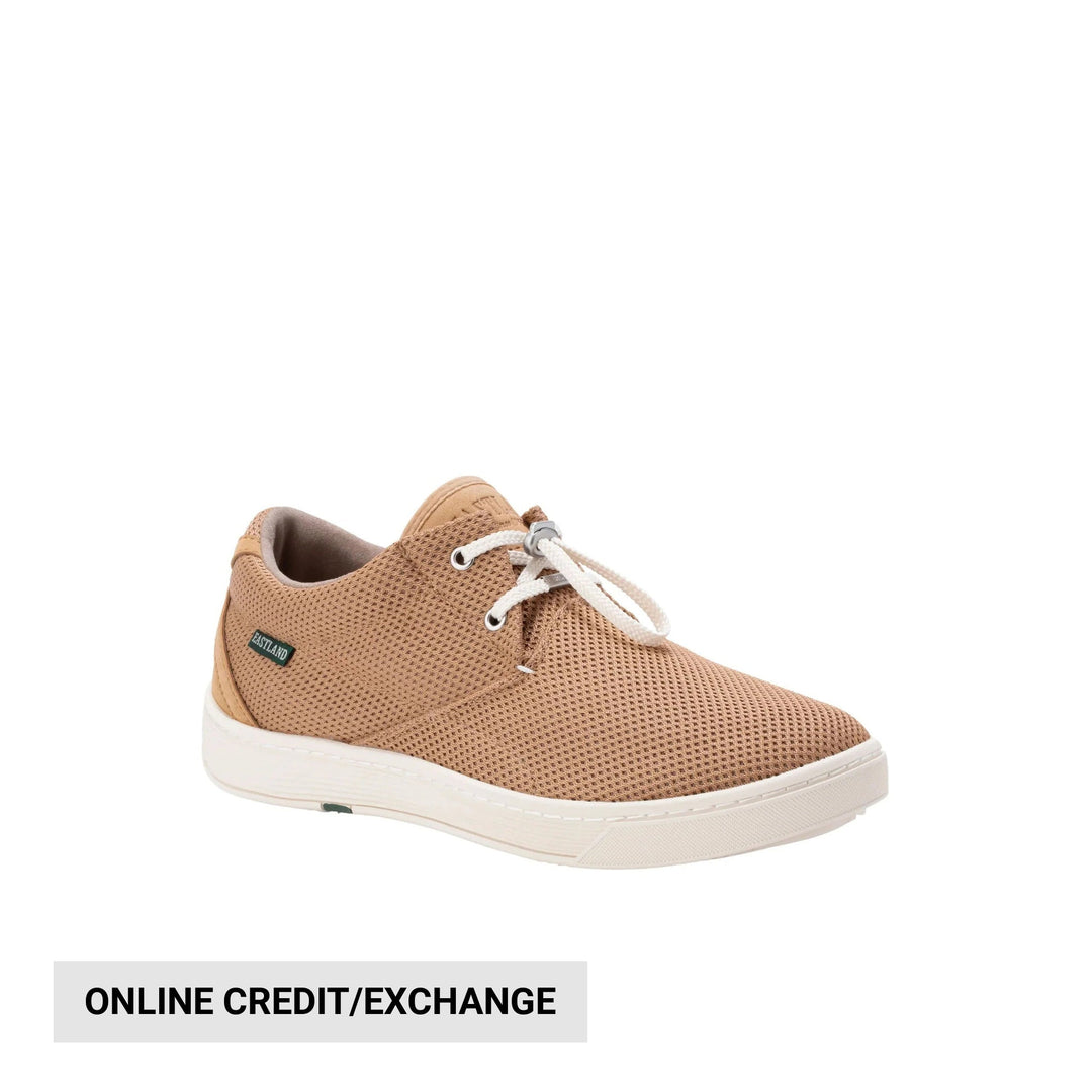 Tan mesh lace-up sneaker with white sole and white laces, shown in side view