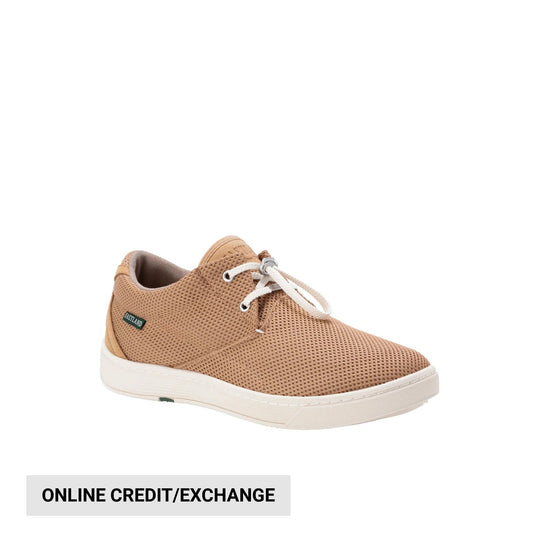 Tan mesh lace-up sneaker with white sole and white laces, shown in side view