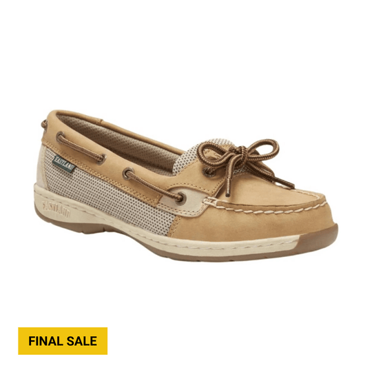 Tan and beige boat shoe with mesh side panels, rope laces, and a white sole