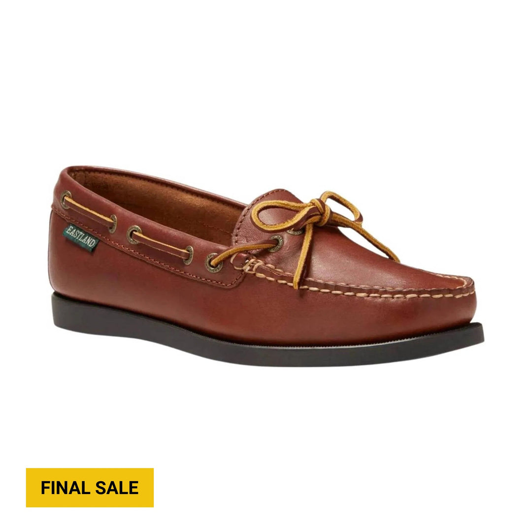Brown leather boat shoe with tan laces, side lacing, and a black sole