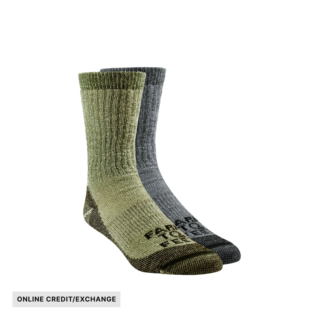 Two pairs of crew socks in olive green and dark gray, with visible black branding text near the toes