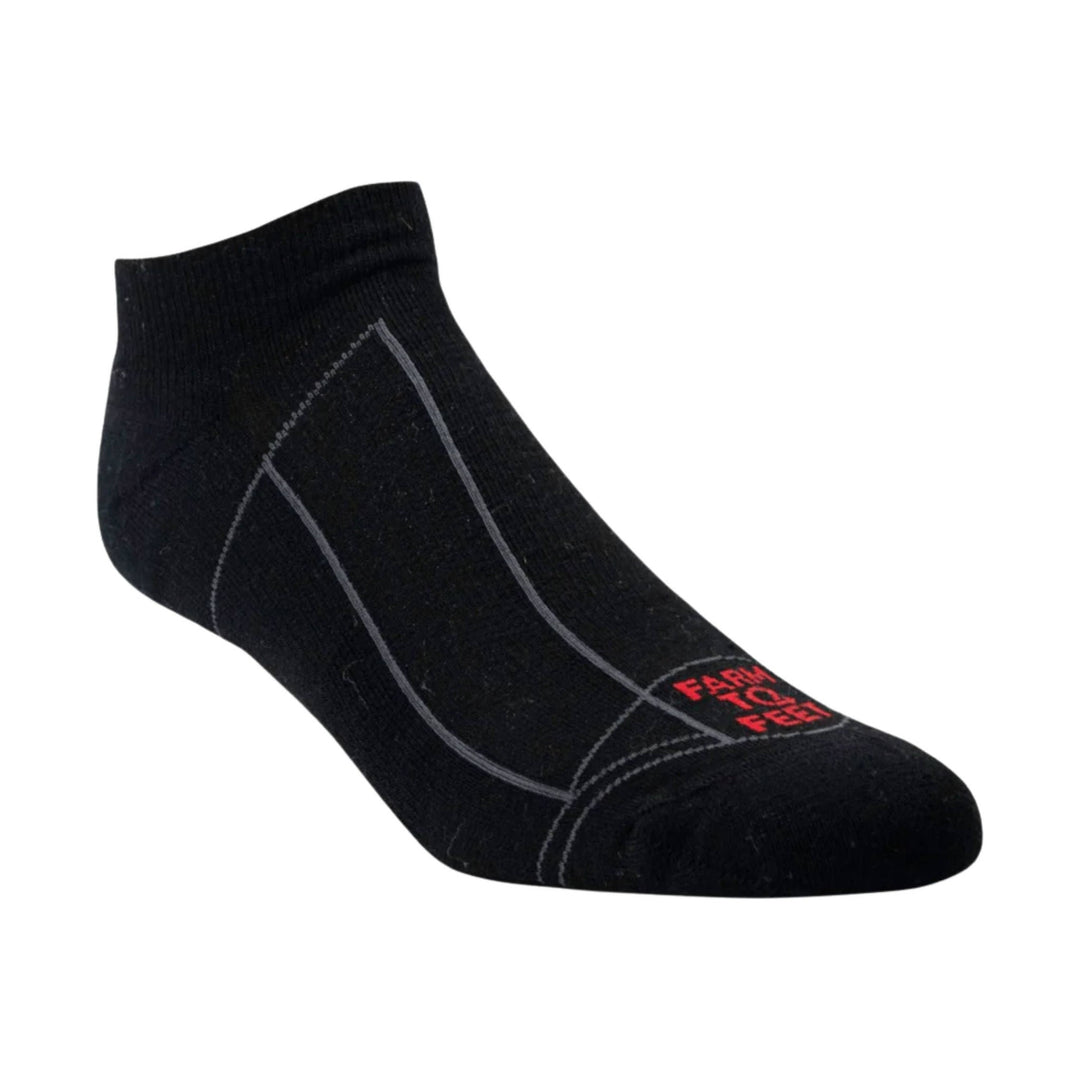 Black low-cut ankle sock with gray seam lines and red heel text