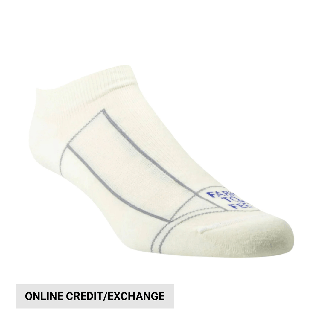 Light cream low-cut sock with blue branding text near the toe.