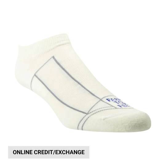 Light cream low-cut sock with blue branding text near the toe.