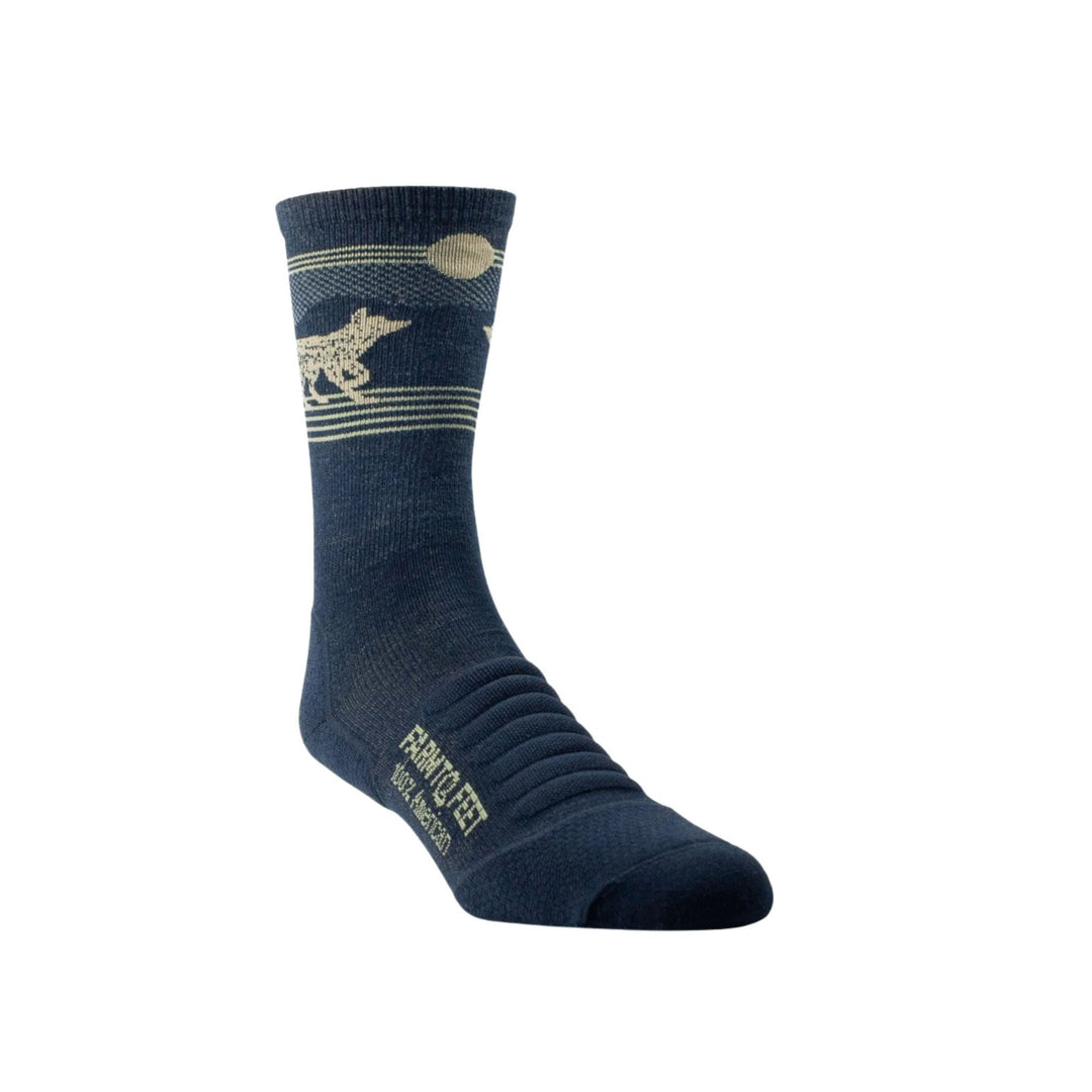 Navy knee-high sock with cream wolf and stripe pattern