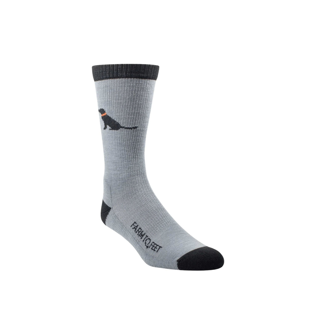 Gray crew sock with black heel and toe, black ribbed cuff, and a small black dog graphic