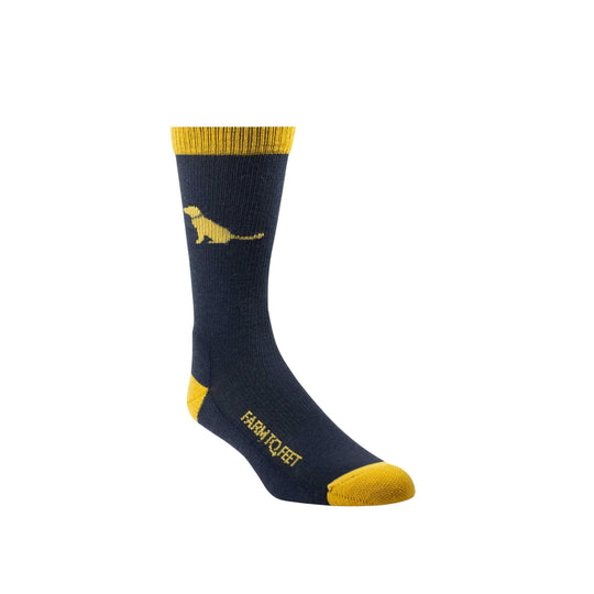 Navy crew sock with yellow cuff, heel and toe, plus a yellow dog graphic and foot text.