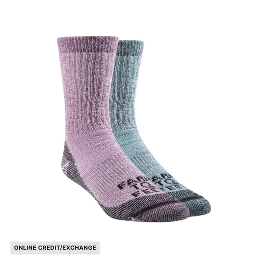 Two pair of ribbed crew socks in lavender and blue-green with ONLINE CREDIT/EXCHANGE text