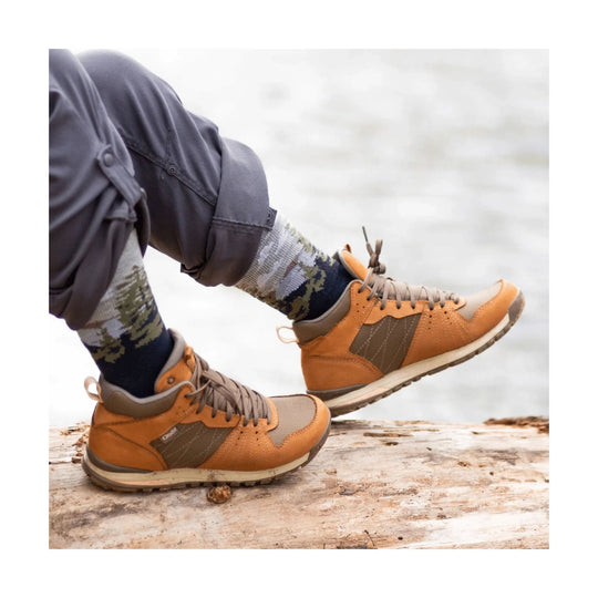 Camo crew socks with gray and navy hiking shoes
