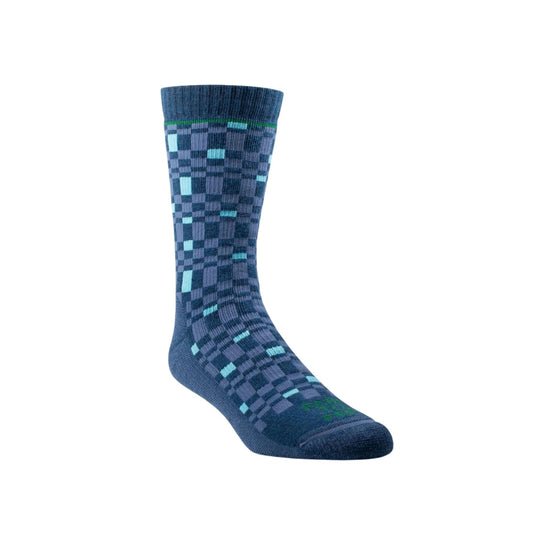 Blue patterned crew sock with teal accents