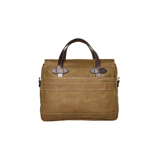 Brown canvas briefcase with dark leather handles and flap closure