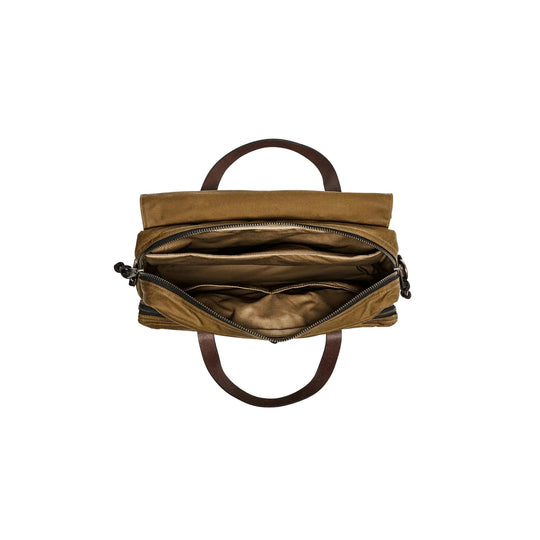 Brown canvas briefcase with leather handles, open top zipper, and multiple interior compartments