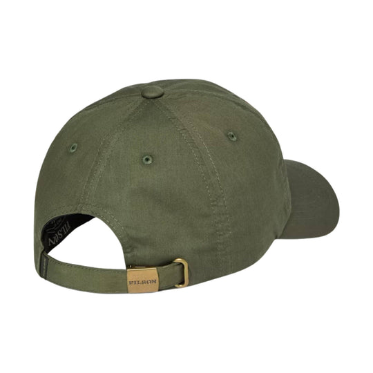 Olive baseball cap with adjustable strap, gold buckle, and curved brim