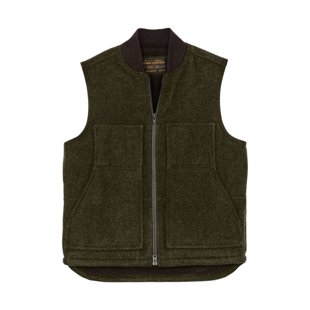 Olive wool work vest with front zipper, large patch pockets, and a dark ribbed collar