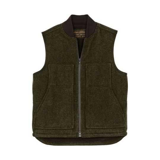 Olive wool work vest with front zipper, large patch pockets, and a dark ribbed collar