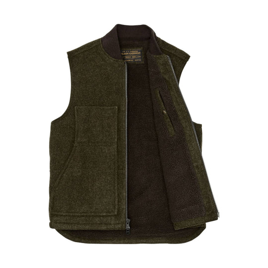 Olive wool vest with brown collar, front zipper, large patch pockets, and sherpa lining shown open