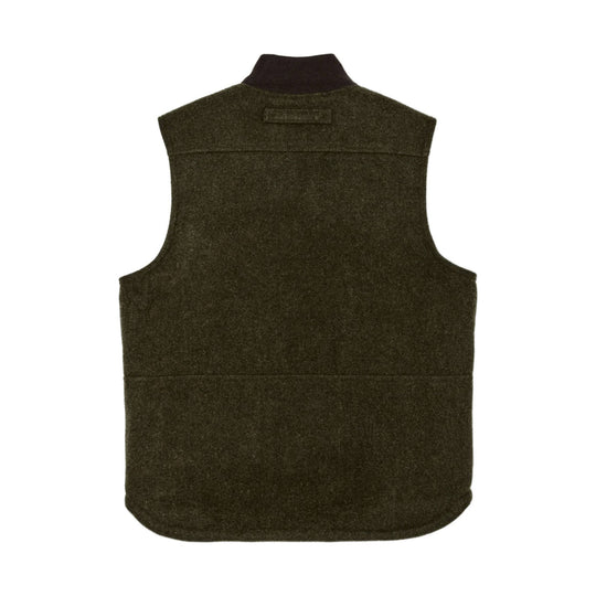 Dark olive wool vest shown from the back on a white background