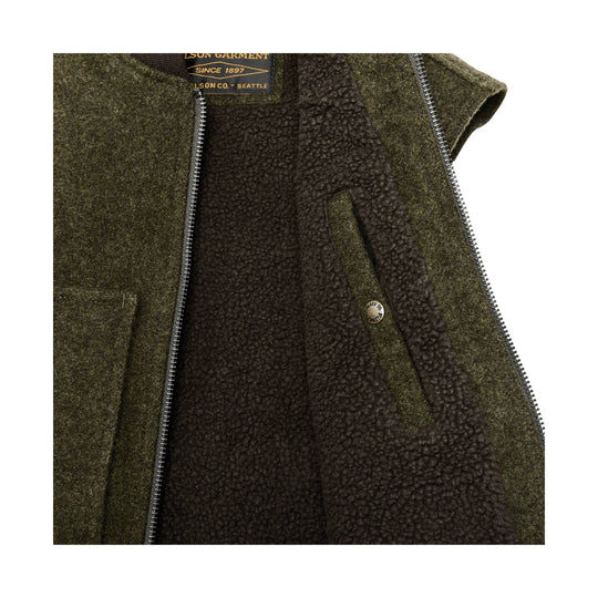 Olive wool vest with dark sherpa lining, front zipper, and hand pockets