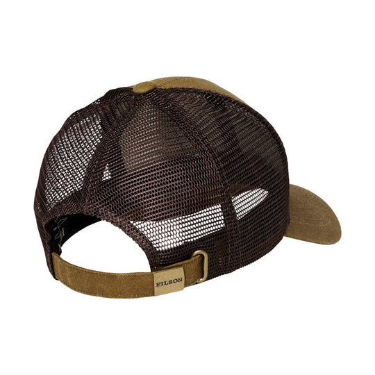 Brown mesh trucker cap with curved brim and adjustable back strap