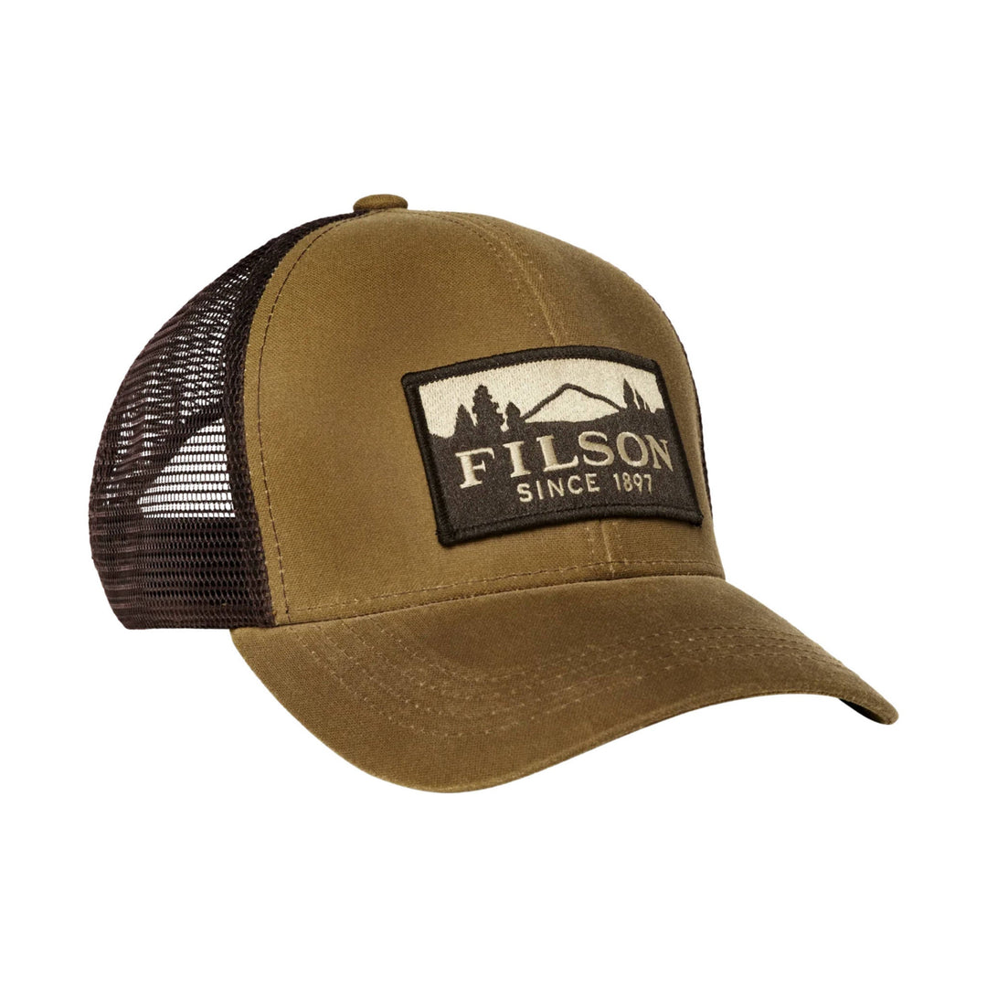 Brown mesh-back baseball cap with a mountain patch on the front