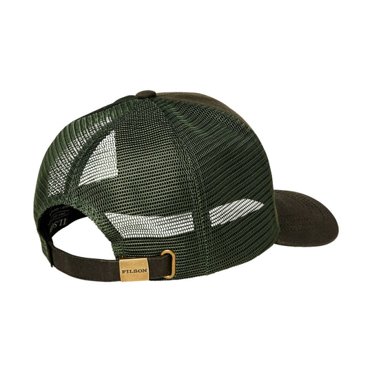 Mesh trucker cap with dark olive crown, brown brim, and adjustable strap