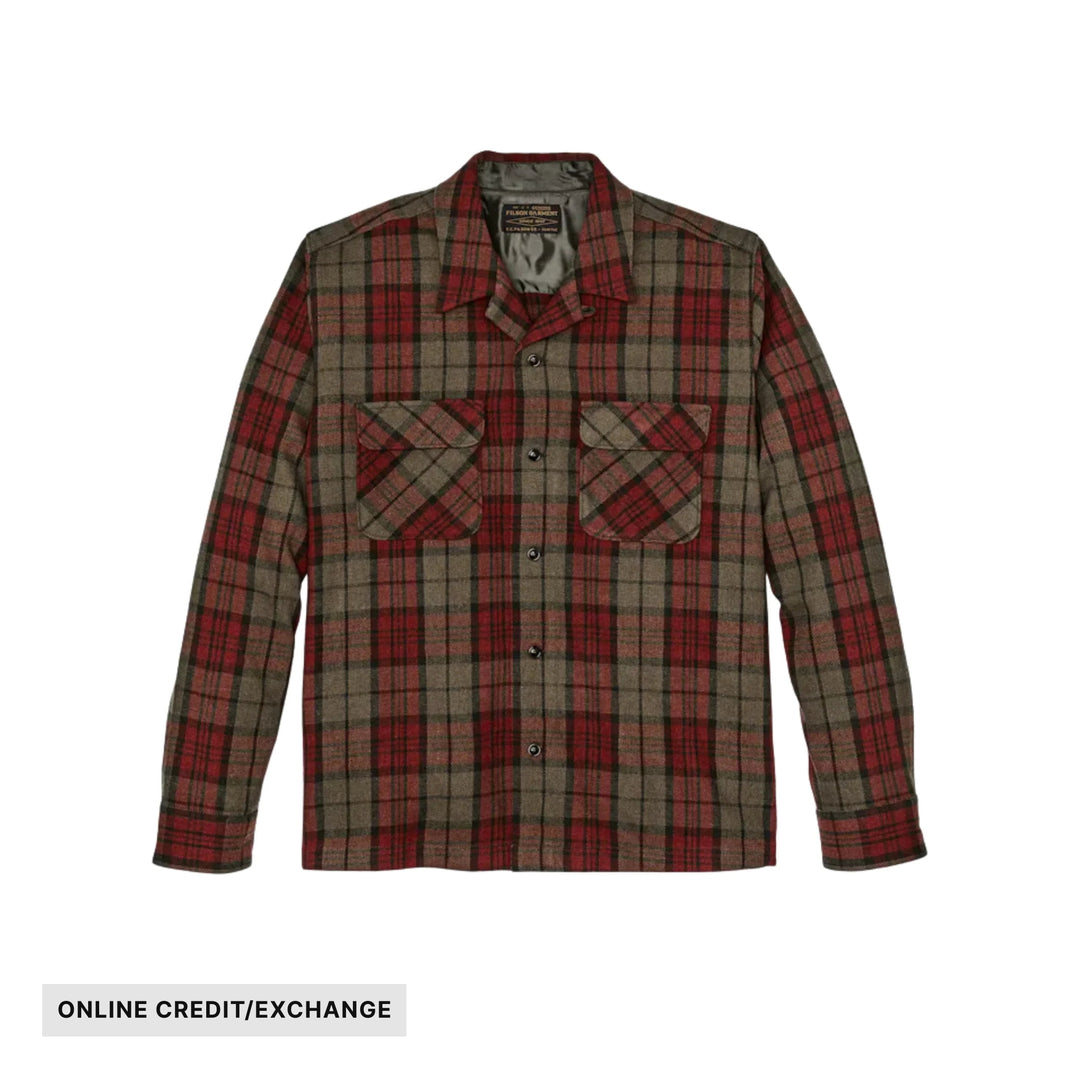 Plaid long-sleeve button-up shirt with two chest flap pockets and an ONLINE CREDIT/EXCHANGE label