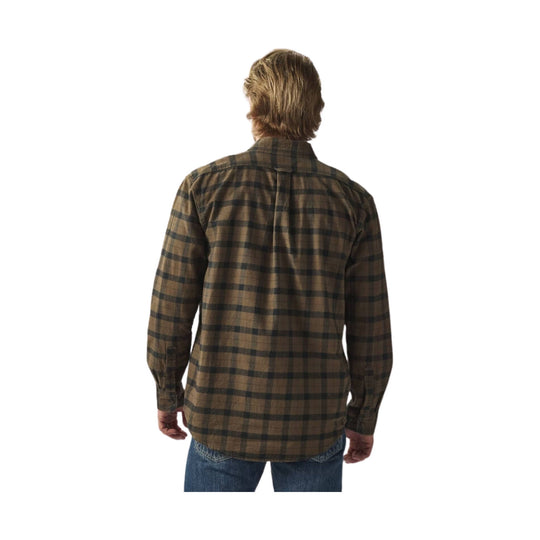 Brown and black plaid long-sleeve button-up shirt shown from the back