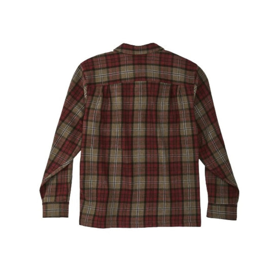 Long-sleeve plaid shirt in red, brown, and olive shown from the back