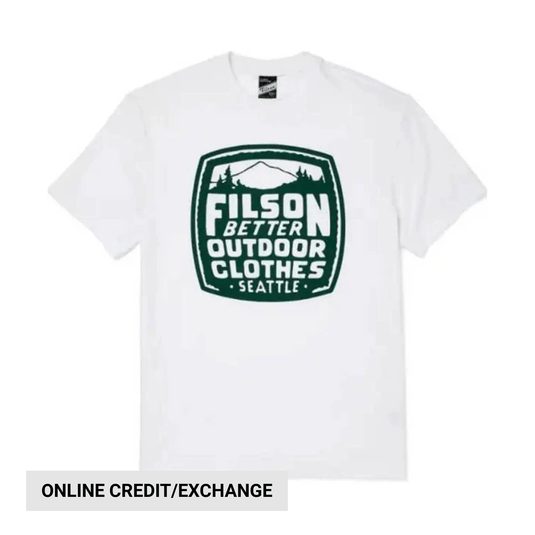 White short-sleeve T-shirt with a large green outdoor graphic on the chest