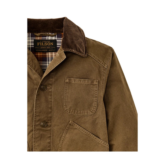 Brown canvas jacket with corduroy collar, plaid lining, chest pocket, and button front
