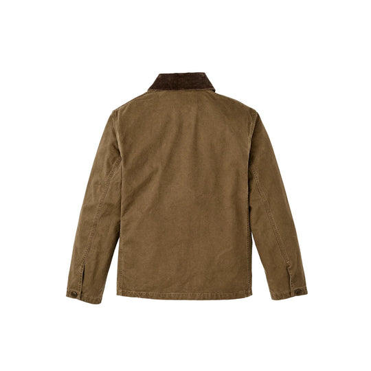 Brown canvas jacket shown from the back with a ribbed collar and button cuffs