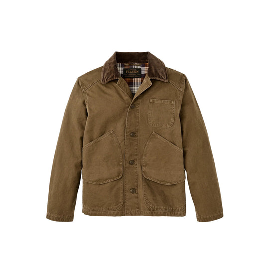 Brown canvas jacket with corduroy collar, patch pockets, and button front