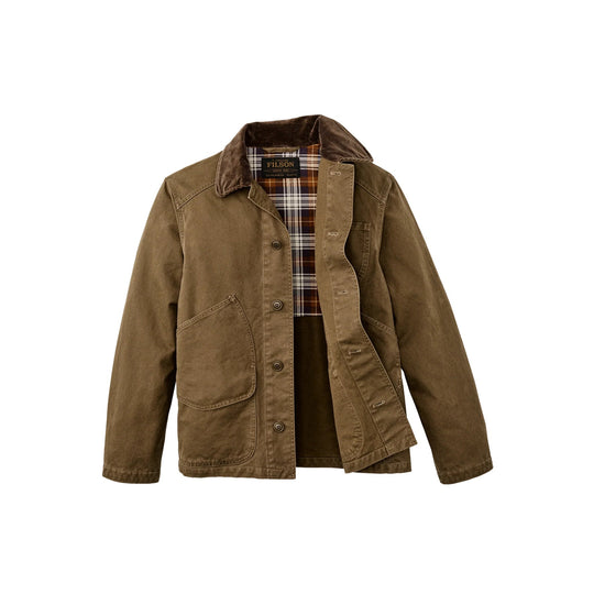 Brown canvas jacket with plaid lining, corduroy collar, button front, and large patch pockets