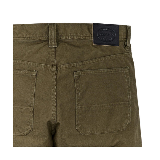 Olive work pants shown from the back with large patch pockets and a black Filson waistband patch.