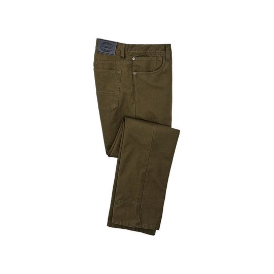 Olive work pants with five-pocket design and a visible Filson label