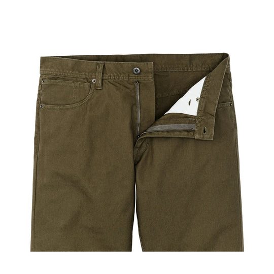 Olive five-pocket pants shown partially unzipped with the waistband open