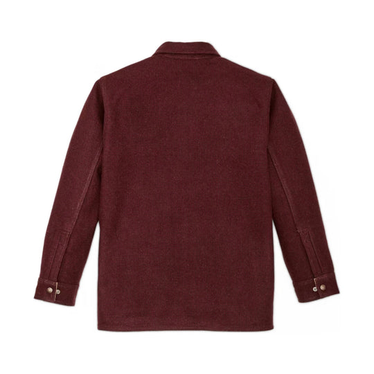 Burgundy long-sleeve wool jacket shown from the back with a pointed collar and button cuffs