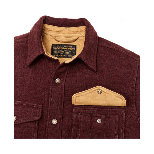 Burgundy wool button-up shirt jacket with tan collar and chest pocket flap, shown close up