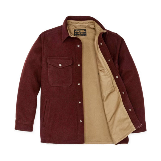 Burgundy wool shirt jacket with tan lining, chest flap pocket, and snap front