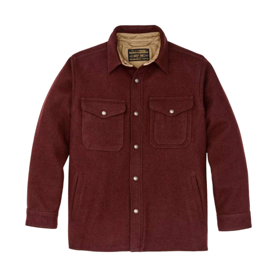 Maroon wool shirt jacket with tan lining, two chest flap pockets, and front button closure