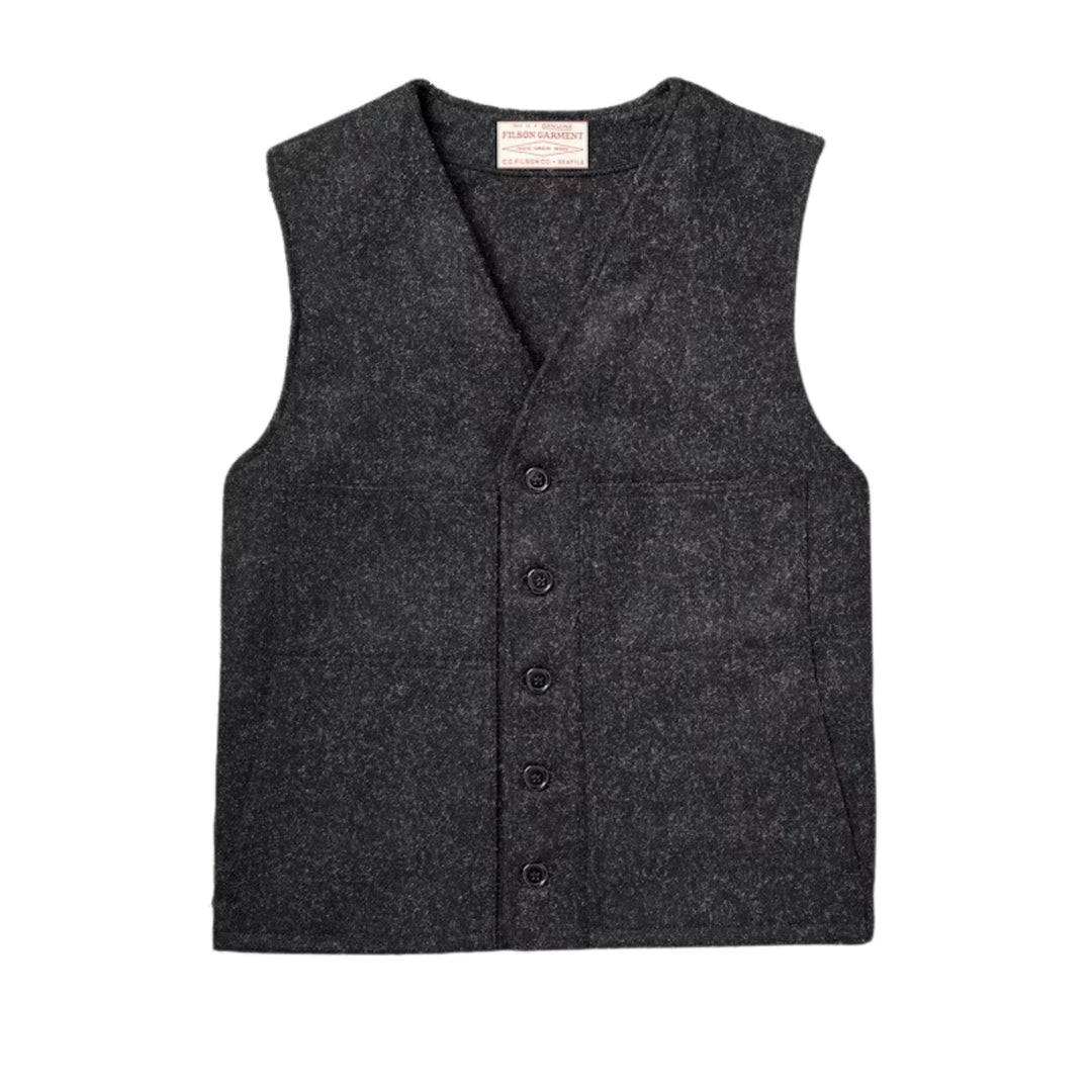 Dark gray wool vest with button front and V-neck, shown on a white background.